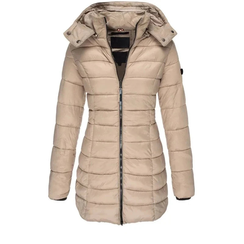 Classic Longline Hooded Puffer Coat in Beige