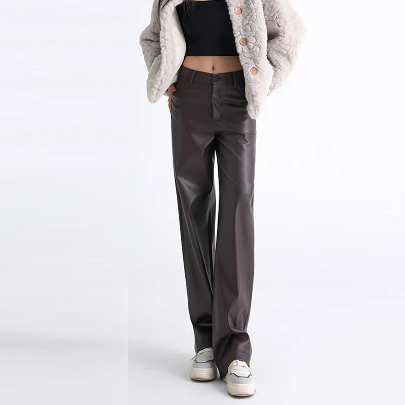 Fleece-Lined Faux Leather Straight Leg Trousers in Brown