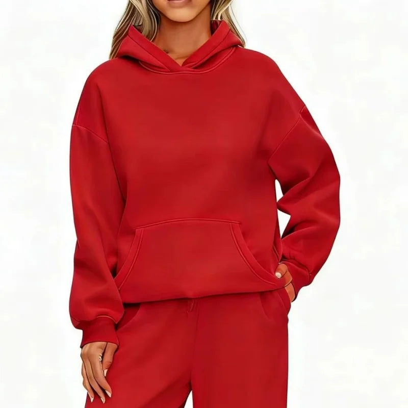 Essential Oversized Fleece Pullover Hoodie in Red
