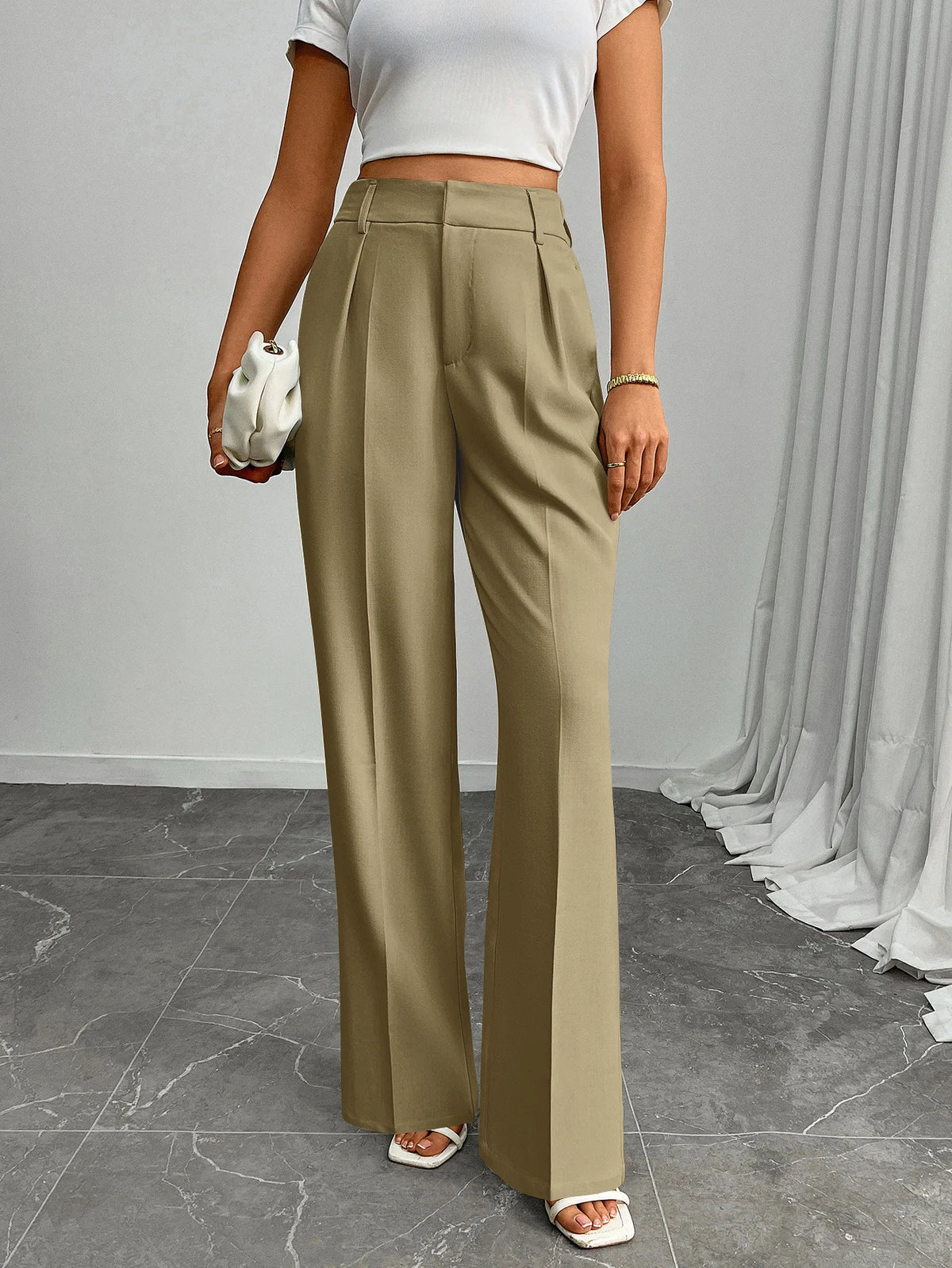 Pleat-Front Palazzo Trousers in Moss – view 2