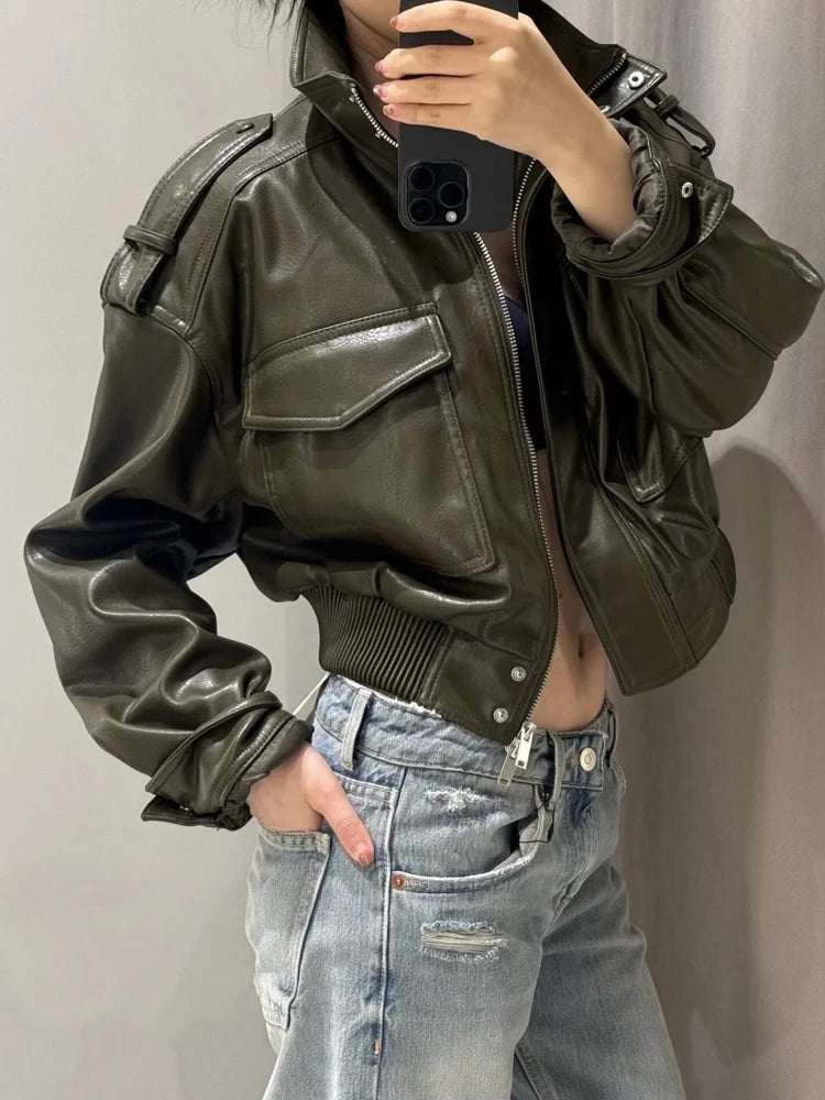 Classic Cropped Faux Leather Utility Jacket – view 3