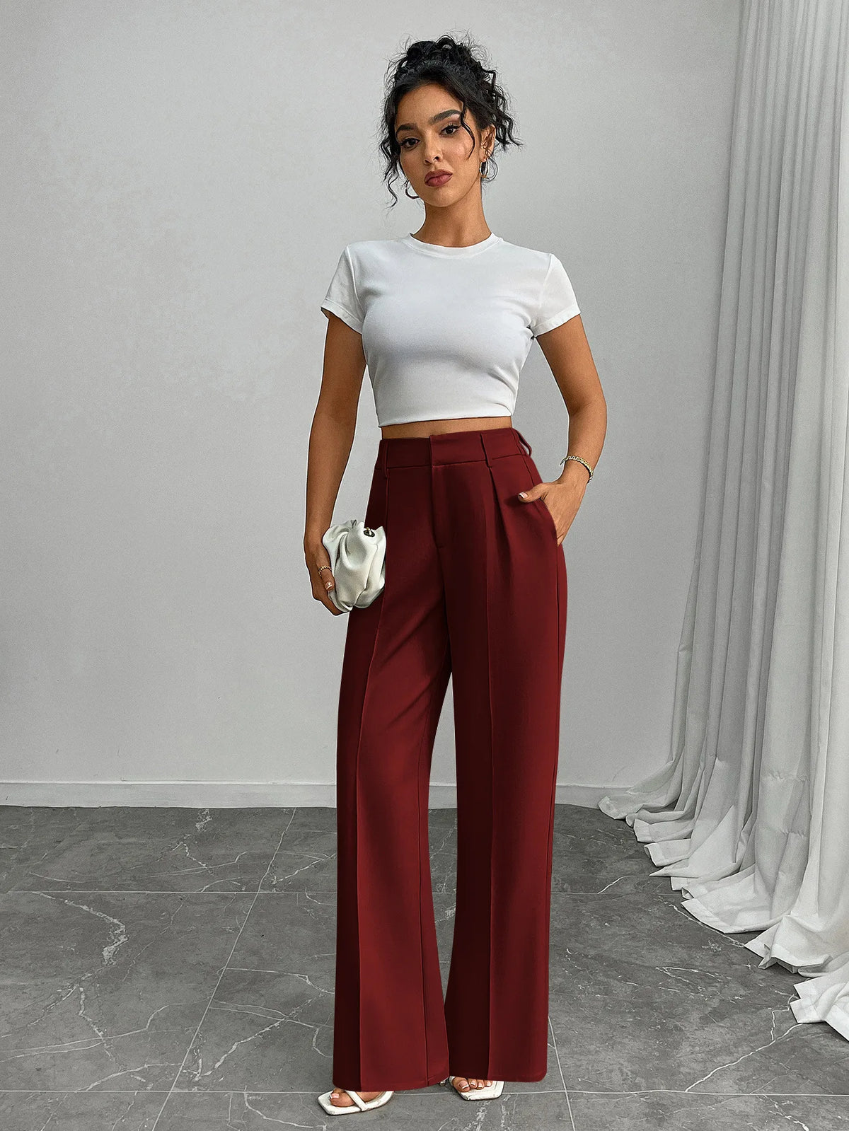 Pleat-Front Palazzo Trousers in Burgundy – view 6