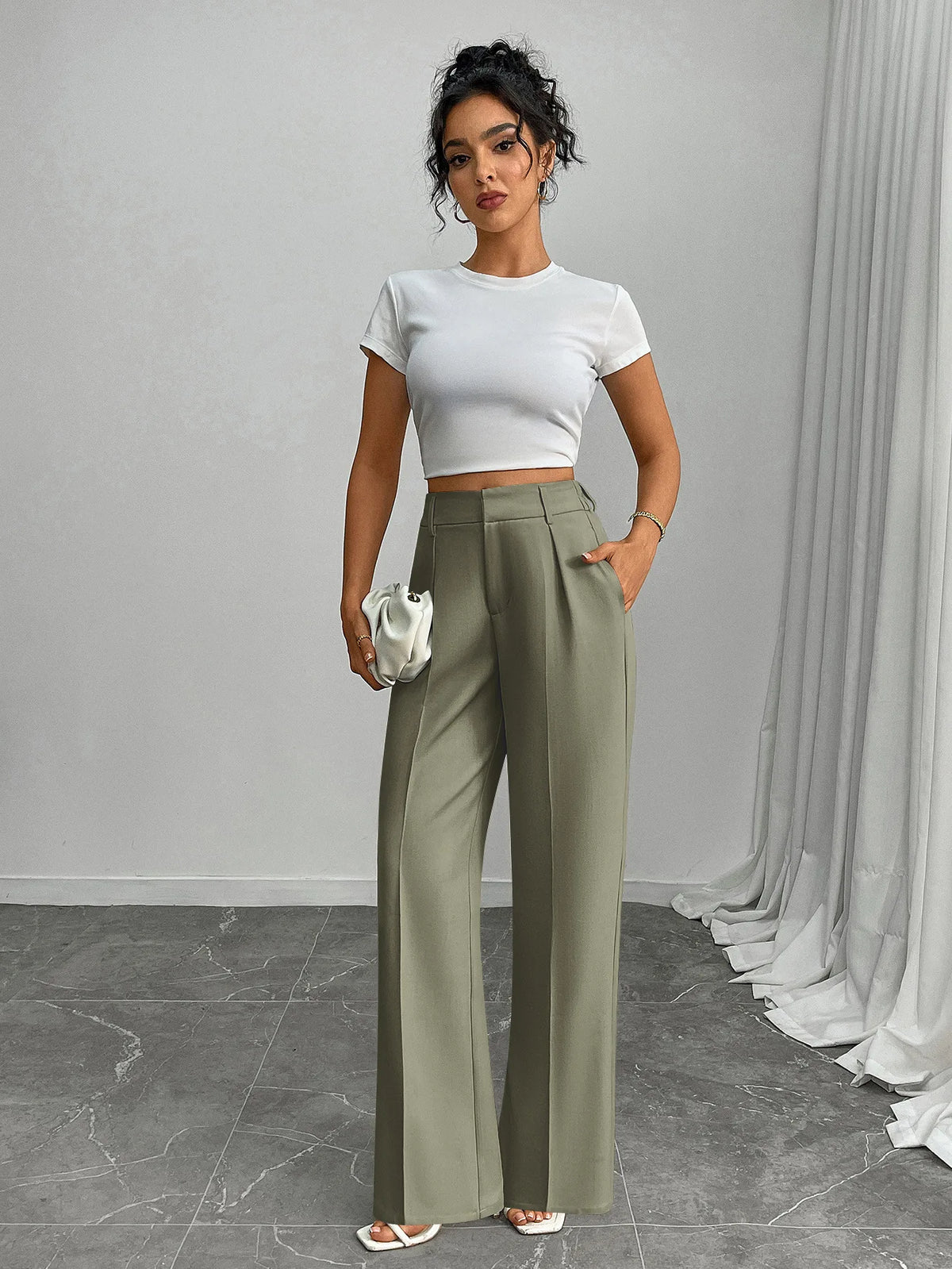 Pleat-Front Palazzo Trousers in Olive – view 6