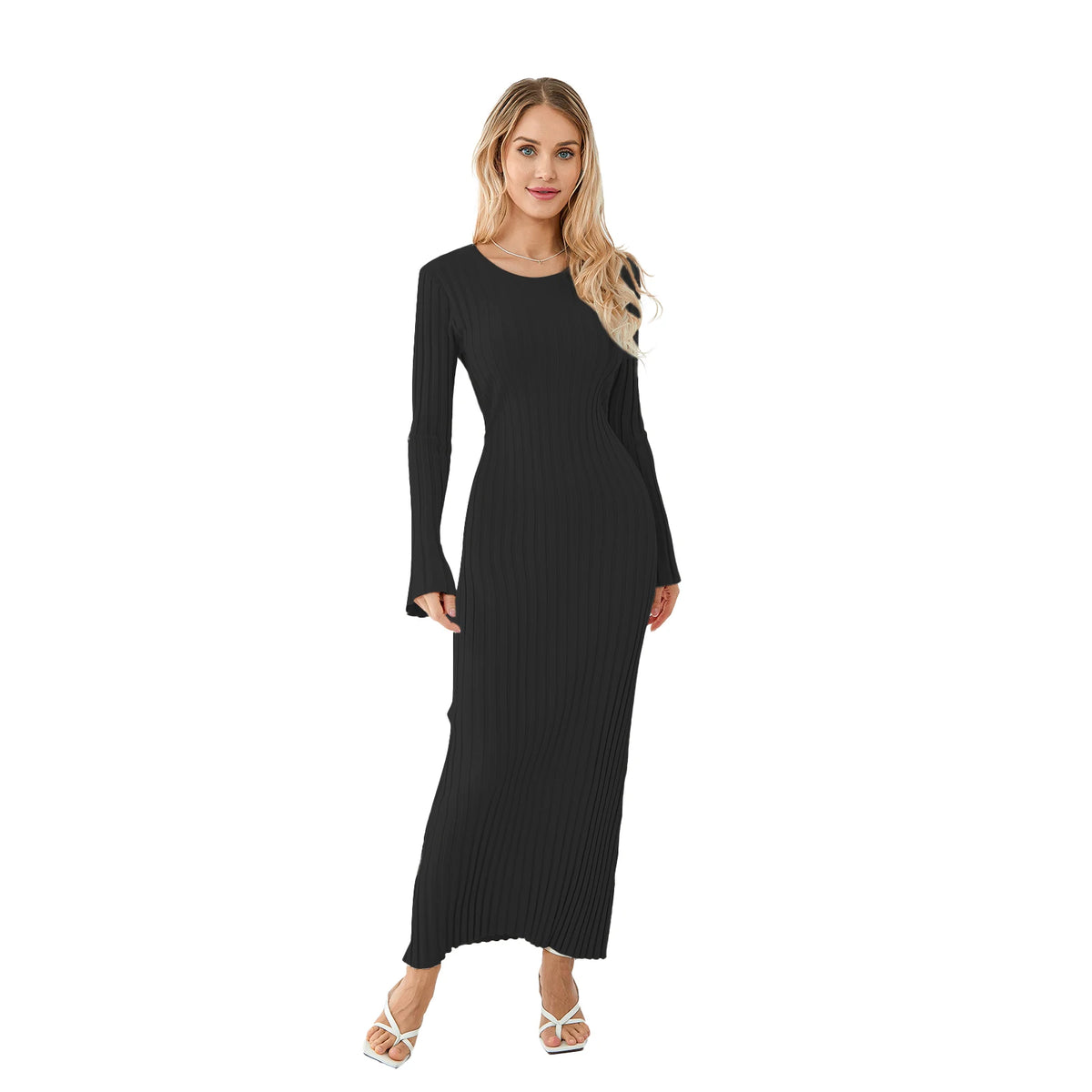 Classic Ribbed Knit Lace-Up Back Maxi Dress in Black