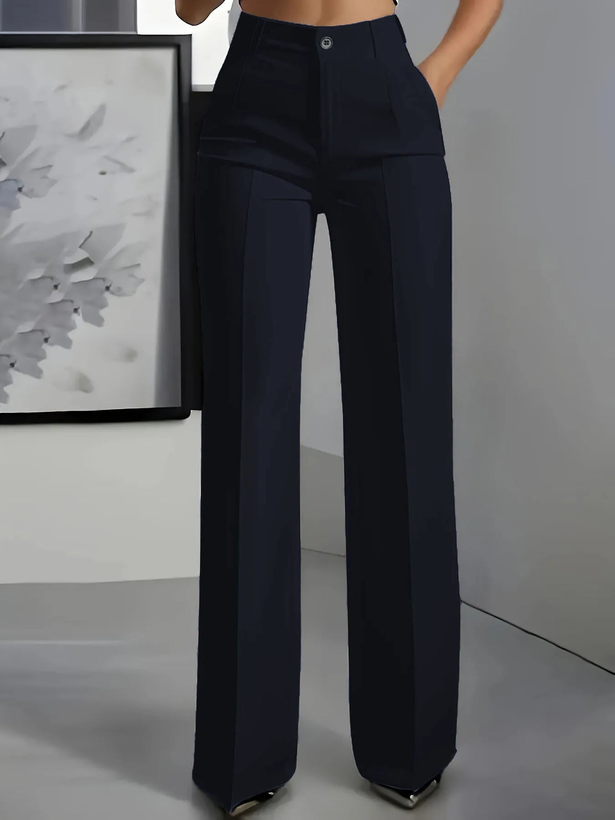 Essential High Waist Tailored Straight Leg Trousers in Navy – view 3