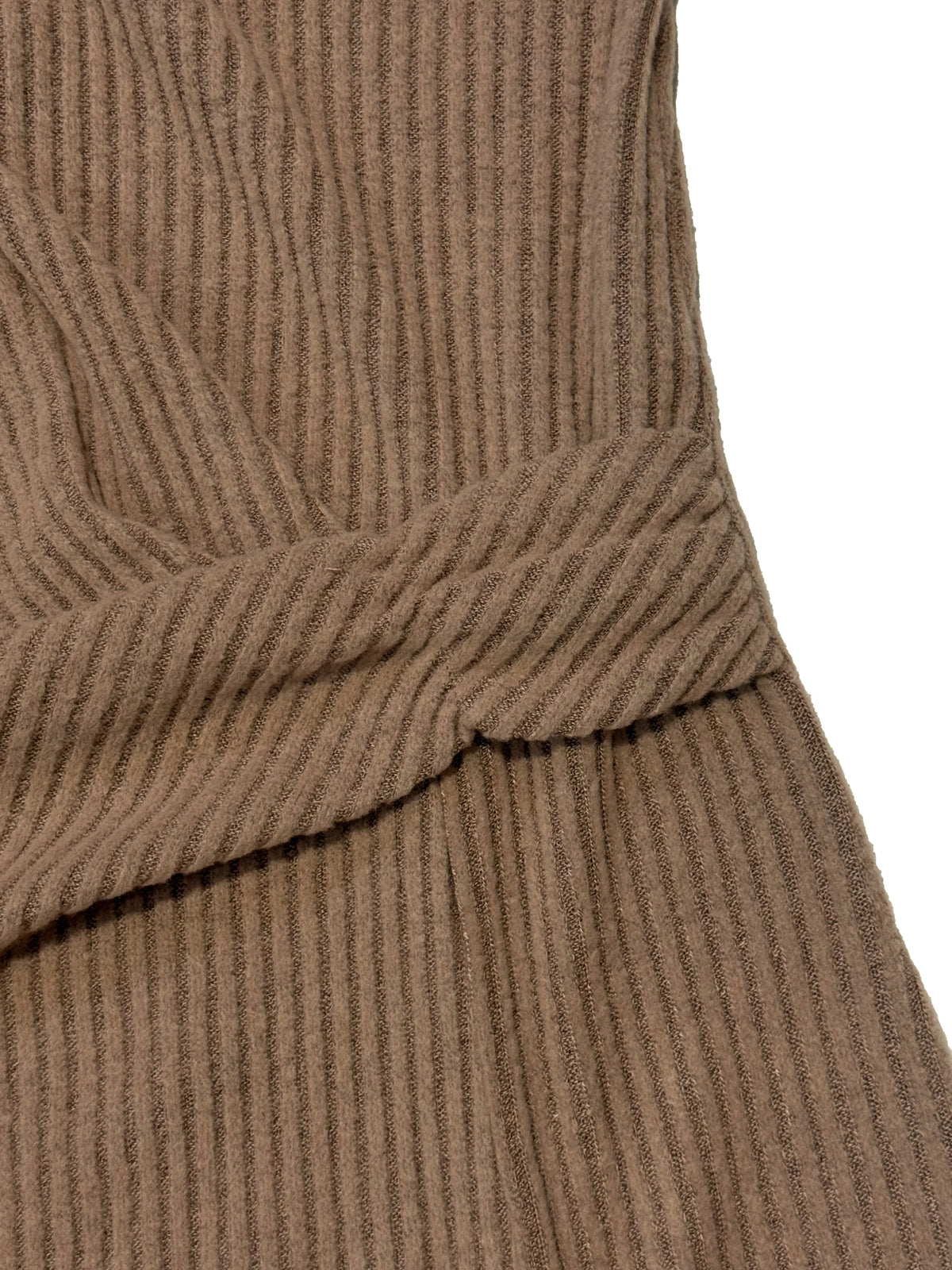 Signature Ribbed Twist Front Midi Dress in Camel – view 8