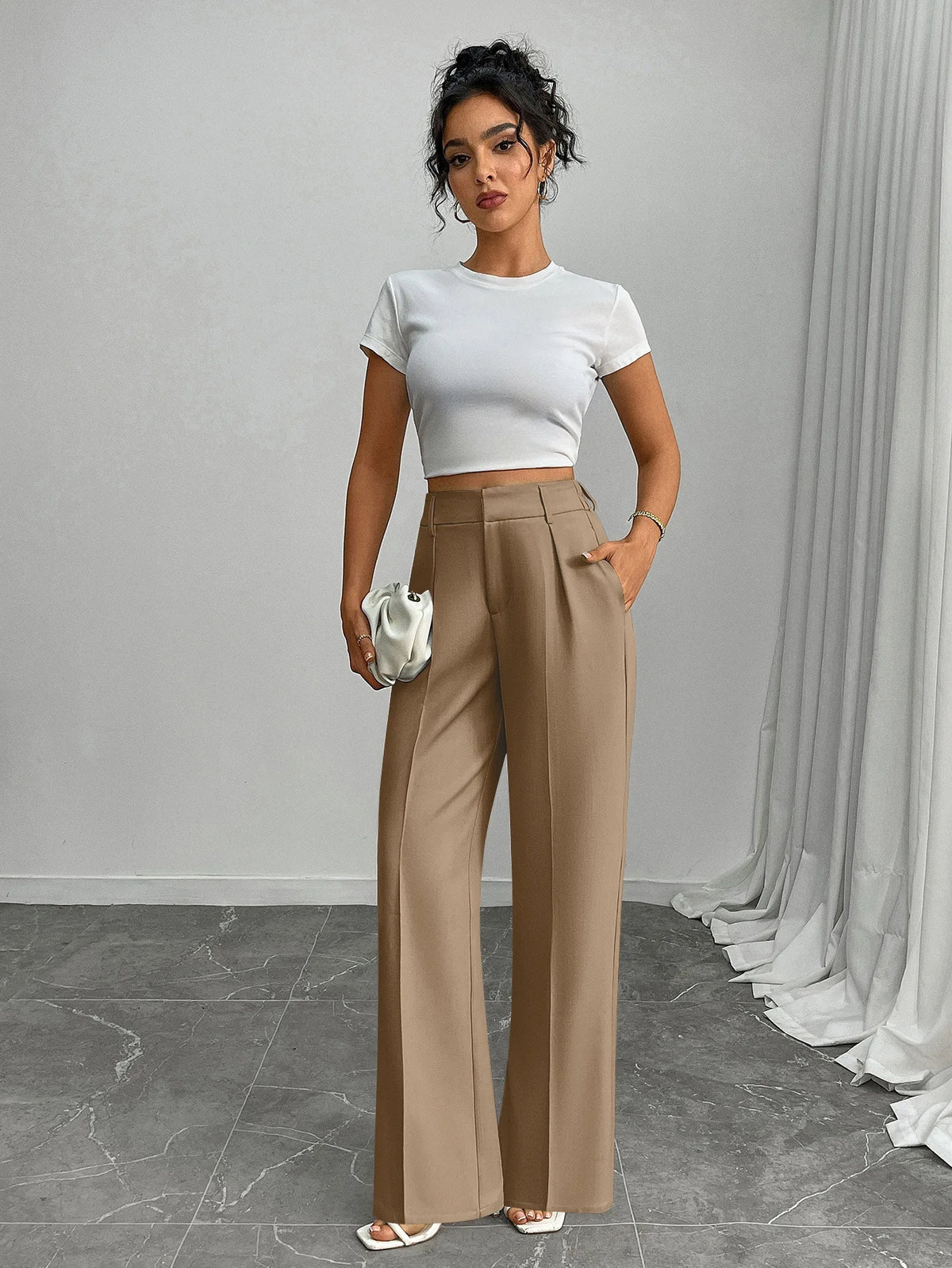 Pleat-Front Palazzo Trousers in Taupe – view 7