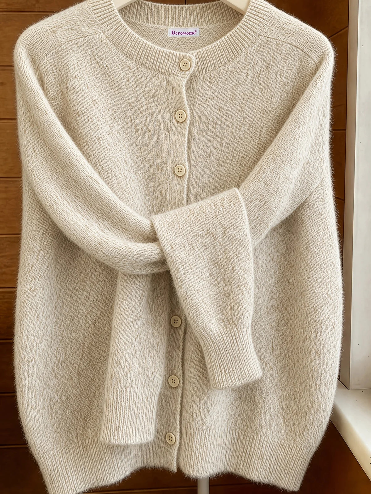 Classic Soft Knit Crew Neck Button Cardigan in Oatmeal