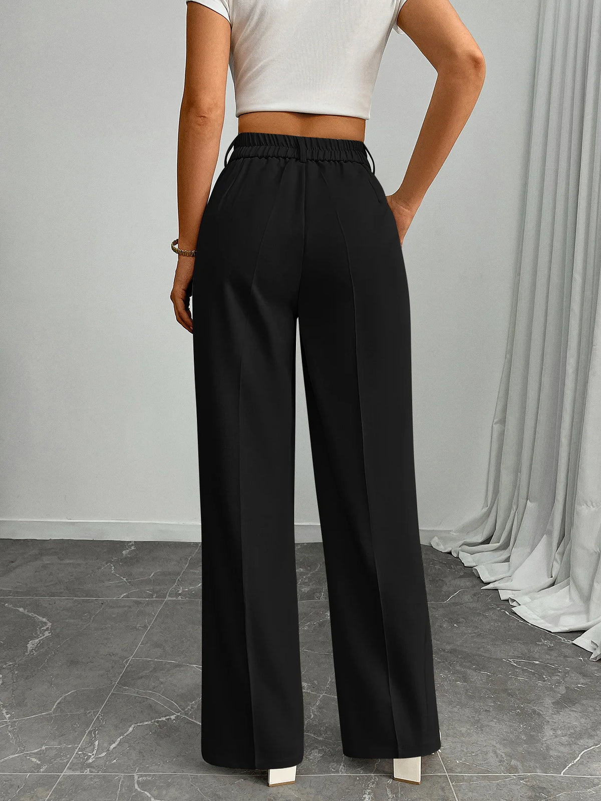 Pleat-Front Palazzo Trousers in Black – view 3