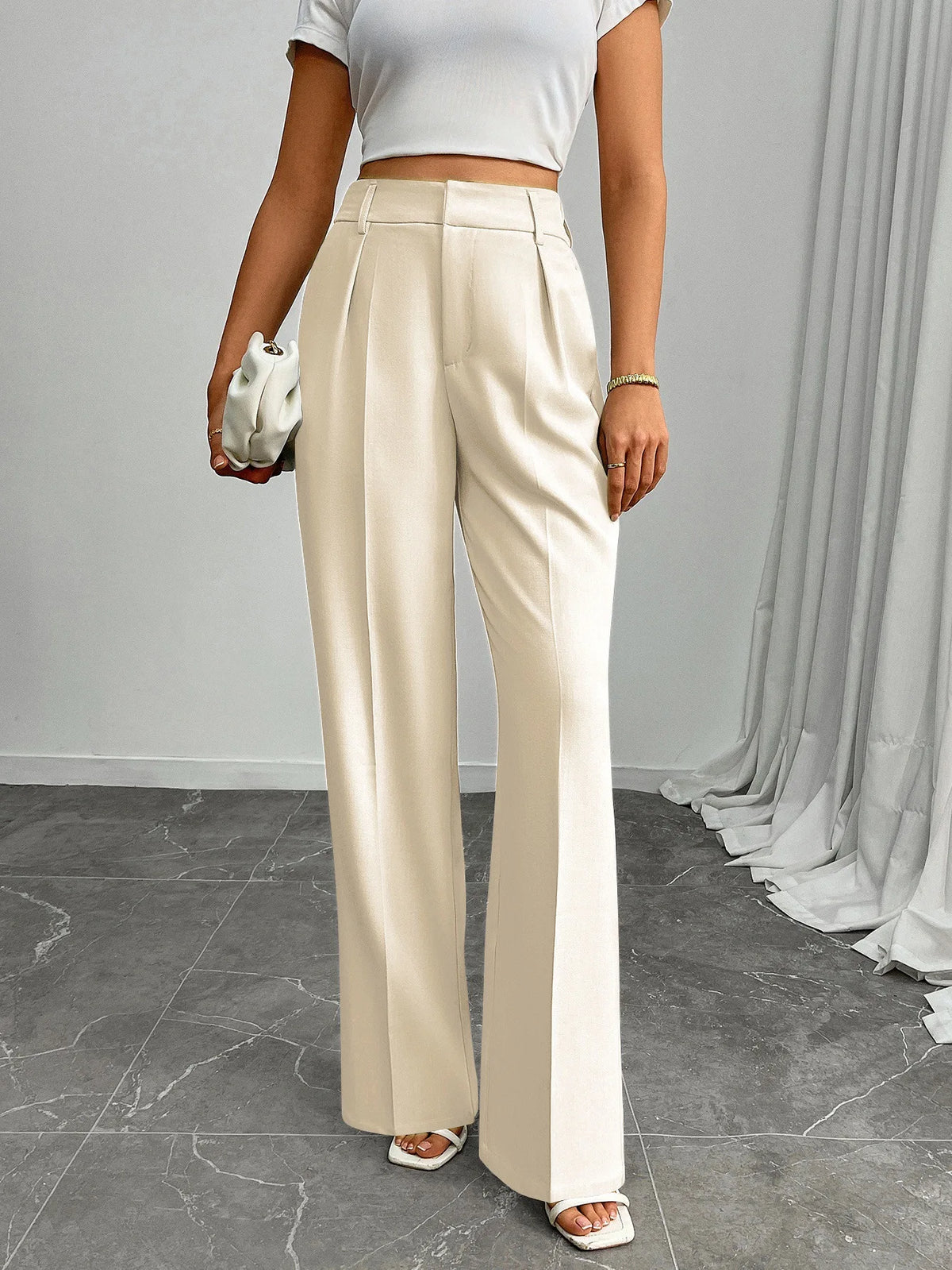 Pleat-Front Palazzo Trousers in Ivory – view 2