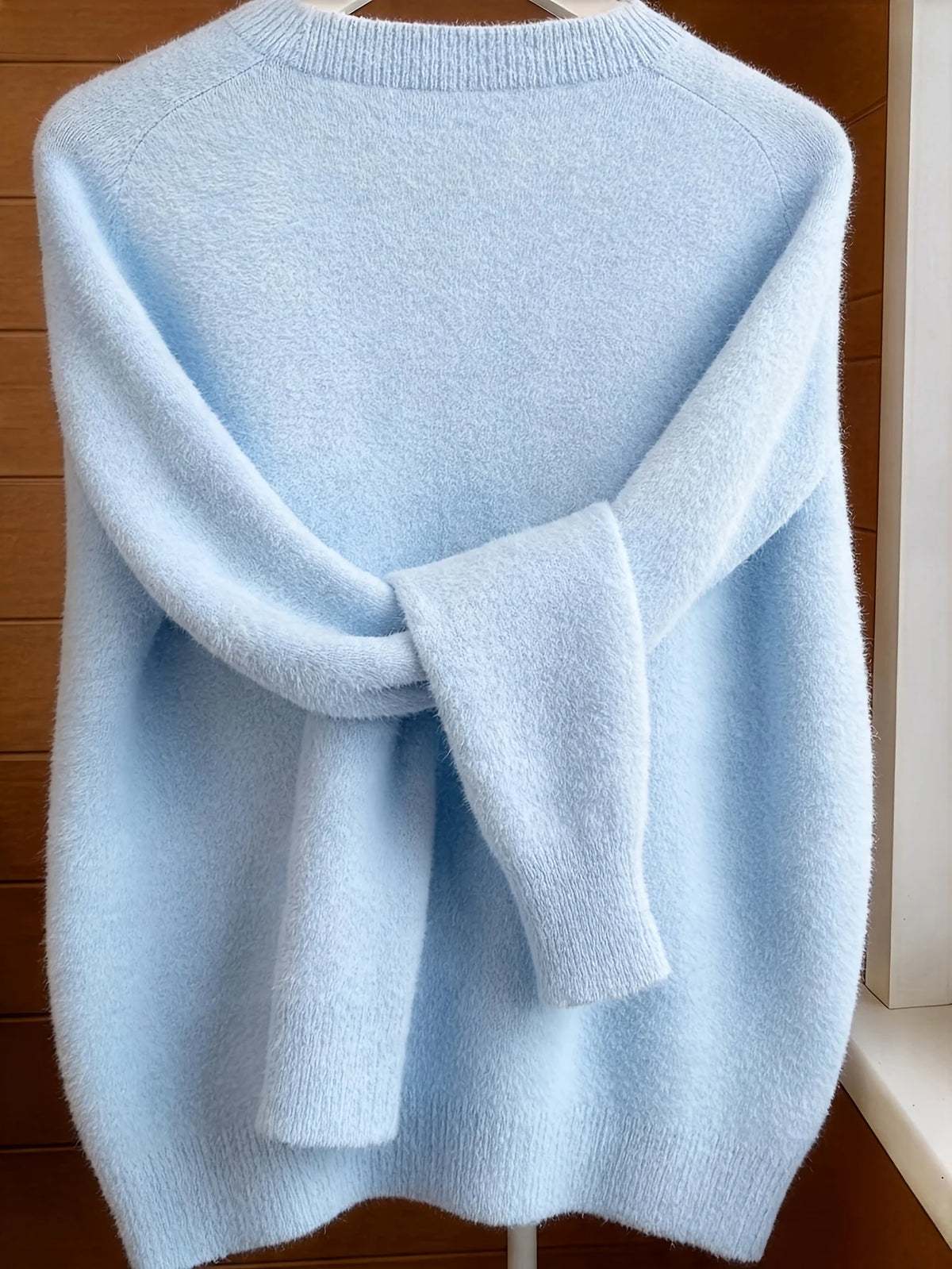Classic Soft Knit Crew Neck Button Cardigan in Light Blue – view 3