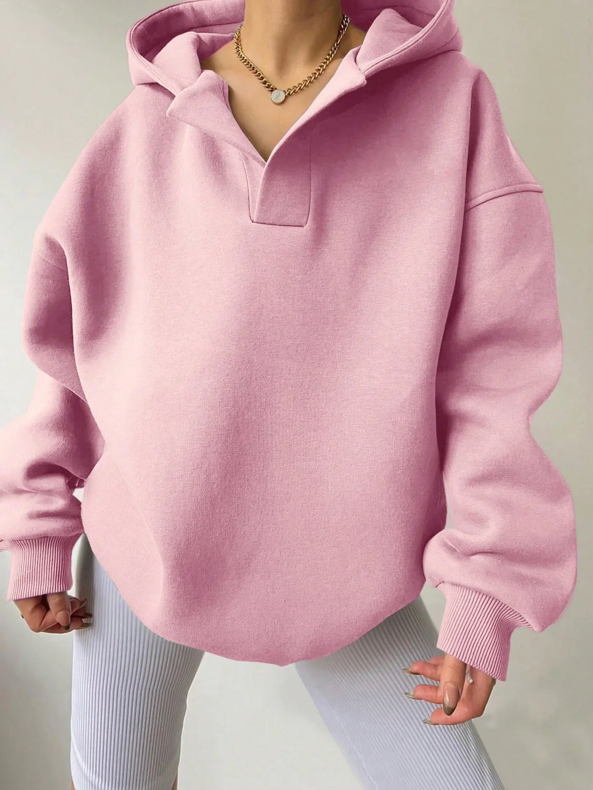 Signature Oversized Notch Neck Fleece Hoodie in Pink – view 4