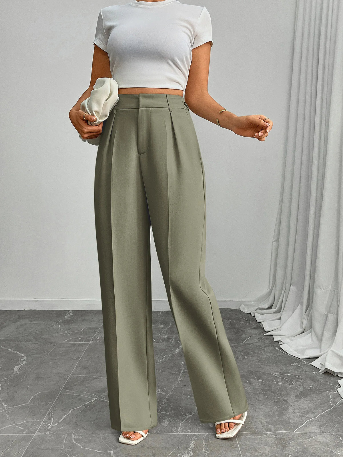 Pleat-Front Palazzo Trousers in Olive – view 5