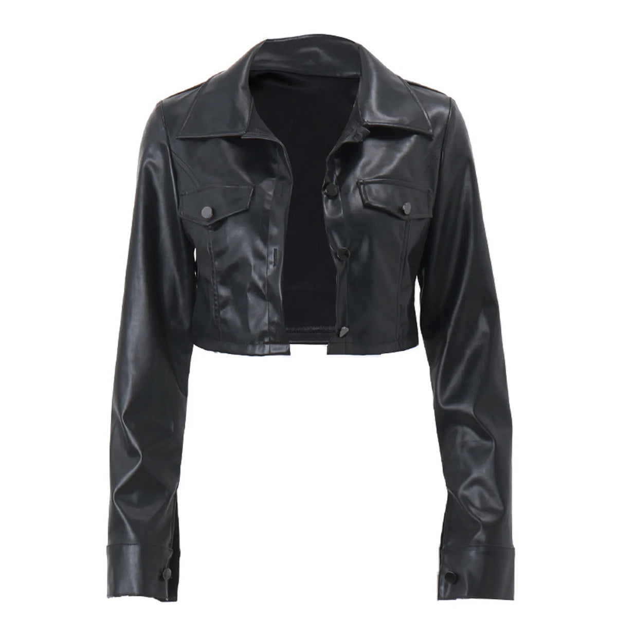 Essential Cropped Faux Leather Button-Up Jacket – view 8
