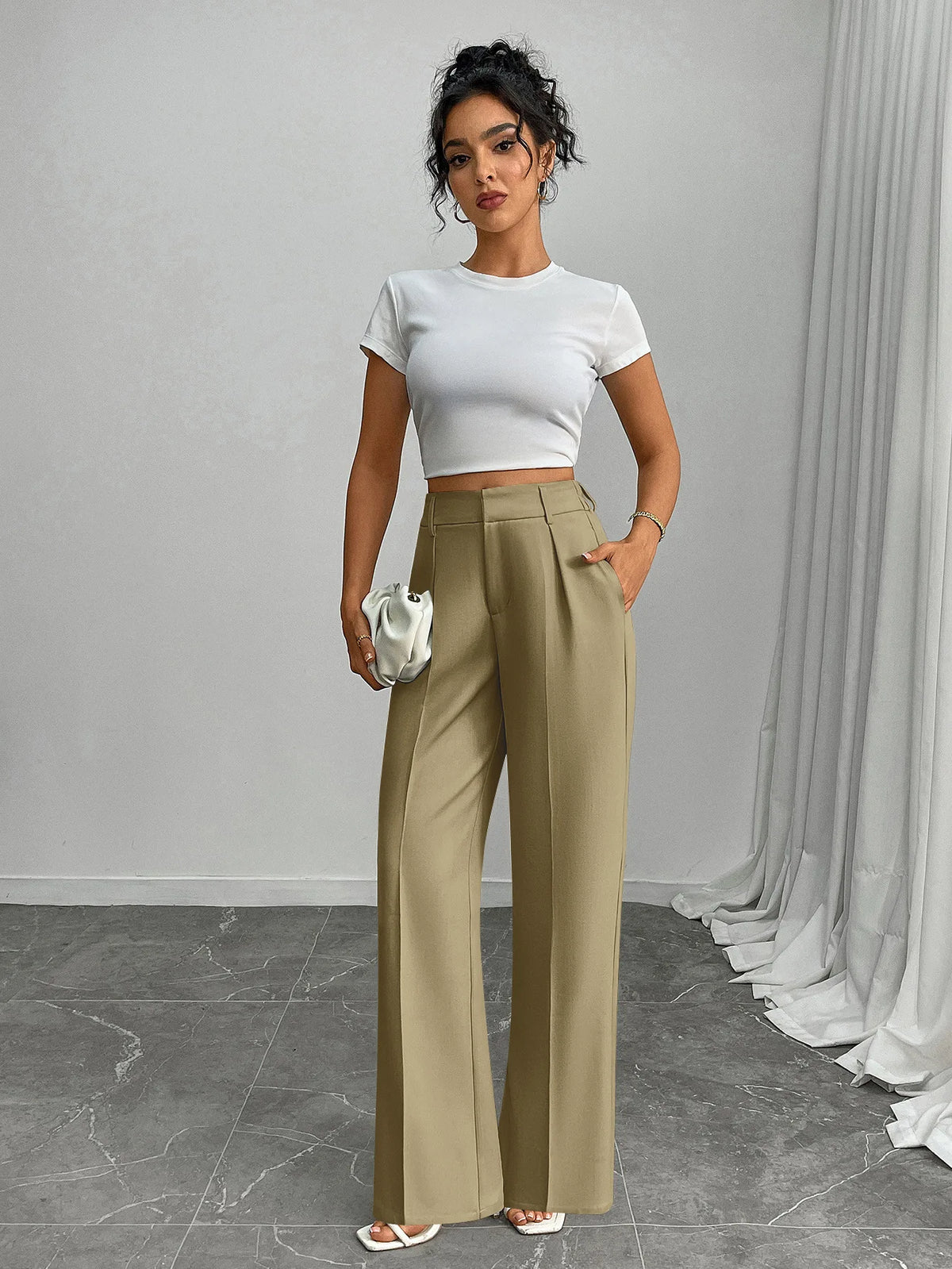 Pleat-Front Palazzo Trousers in Moss – view 6