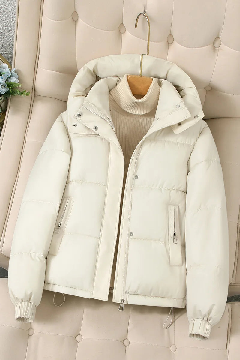 Classic Cropped Hooded Puffer Jacket in Cream