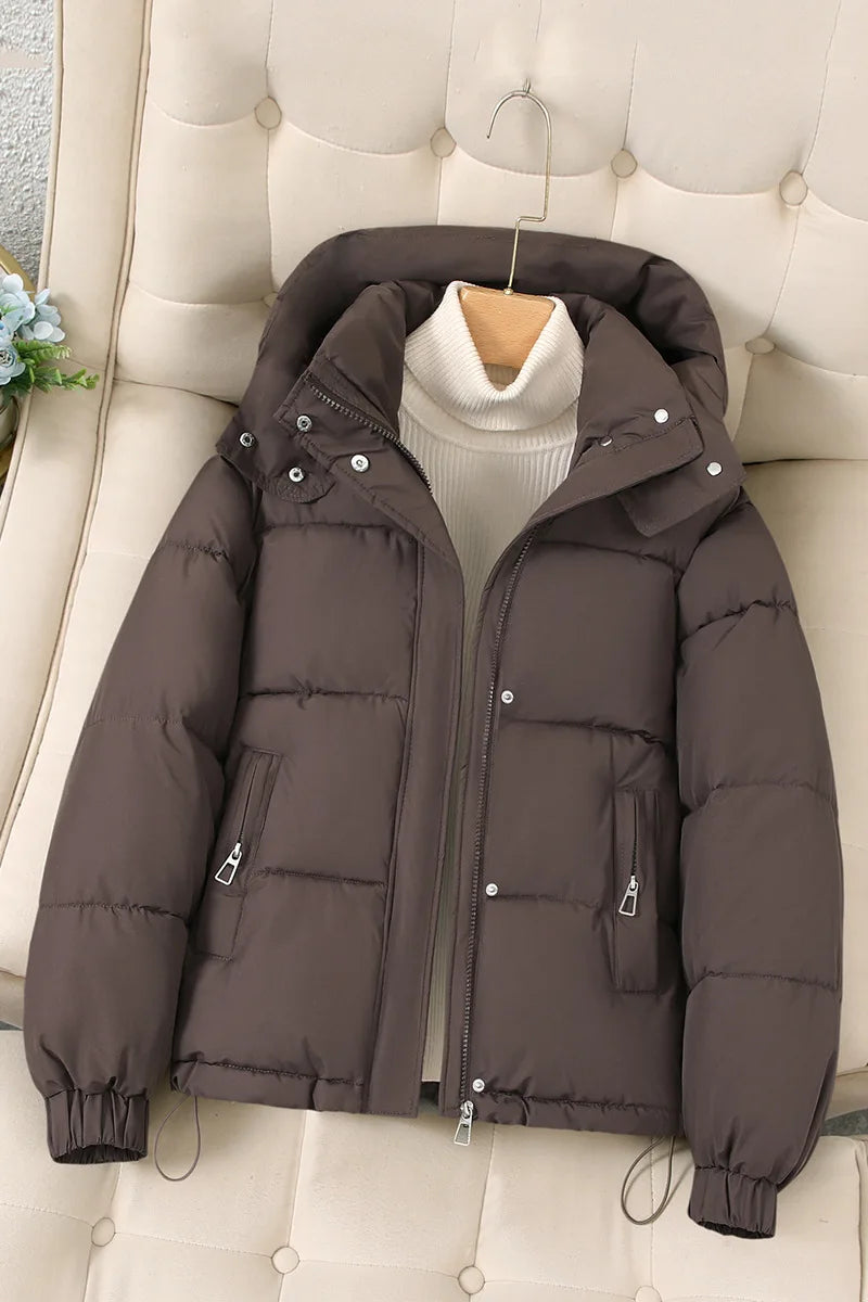 Classic Cropped Hooded Puffer Jacket in Brown