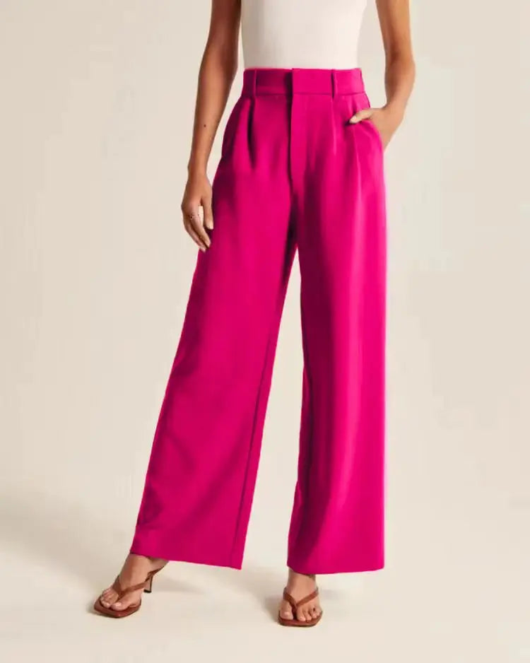 Classic Pleated High Waist Wide Leg Trousers in Hot Pink