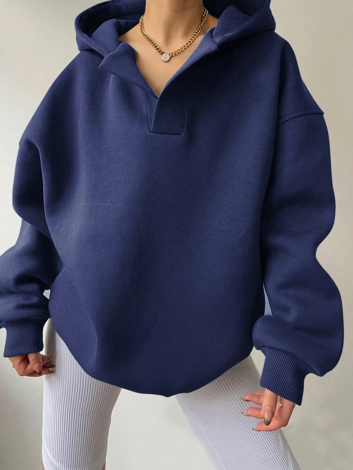 Signature Oversized Notch Neck Fleece Hoodie in Navy – view 4