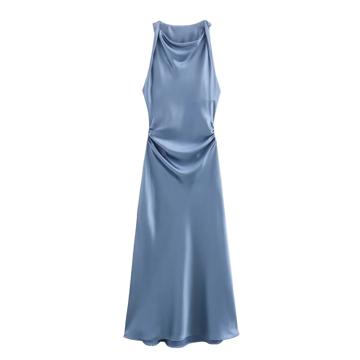 Signature Satin Cowl Neck Ruched Maxi Dress in Dusty Blue