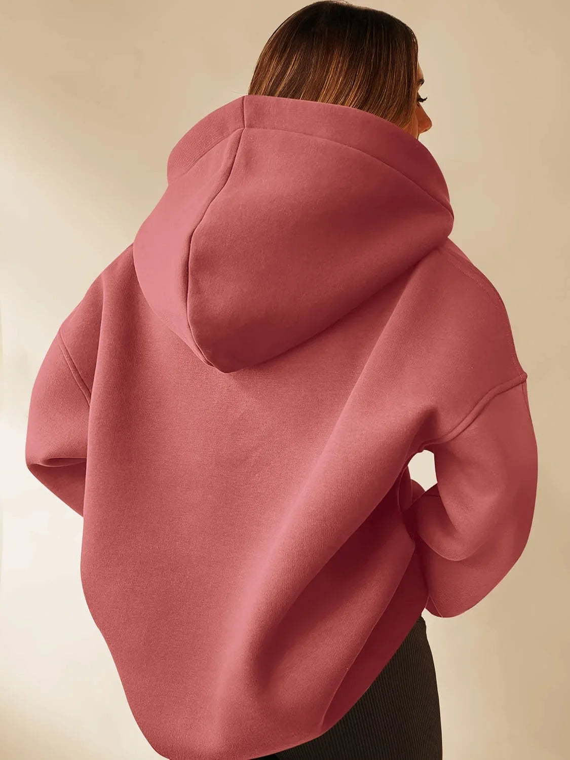 Signature Oversized Notch Neck Fleece Hoodie in Dusty Rose – view 3