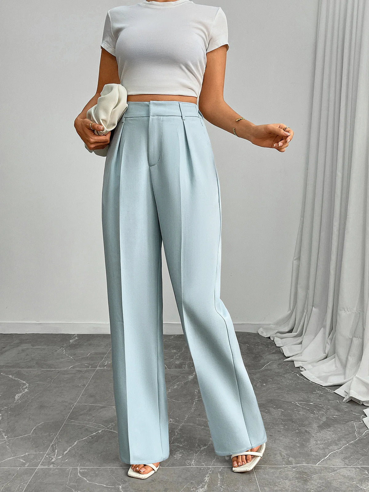 Pleat-Front Palazzo Trousers in Sky Blue – view 6