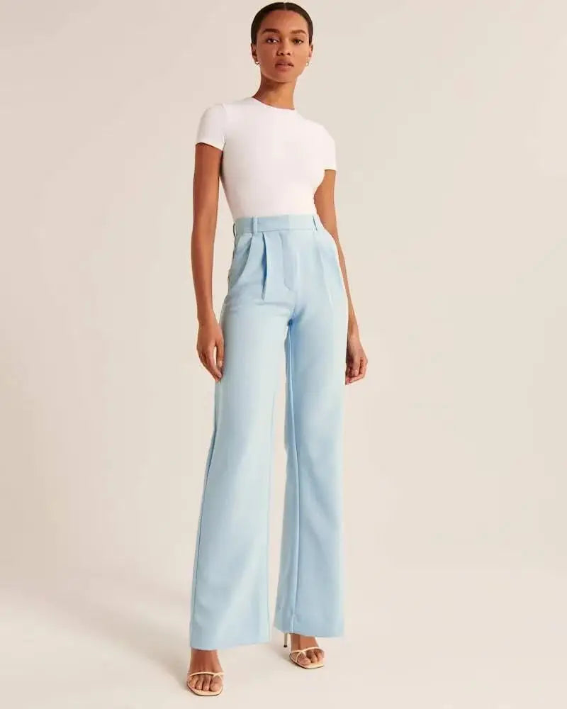 Classic Pleated High Waist Wide Leg Trousers in Sky Blue