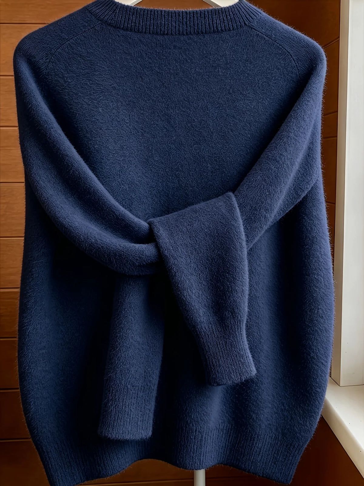 Classic Soft Knit Crew Neck Button Cardigan in Navy – view 3