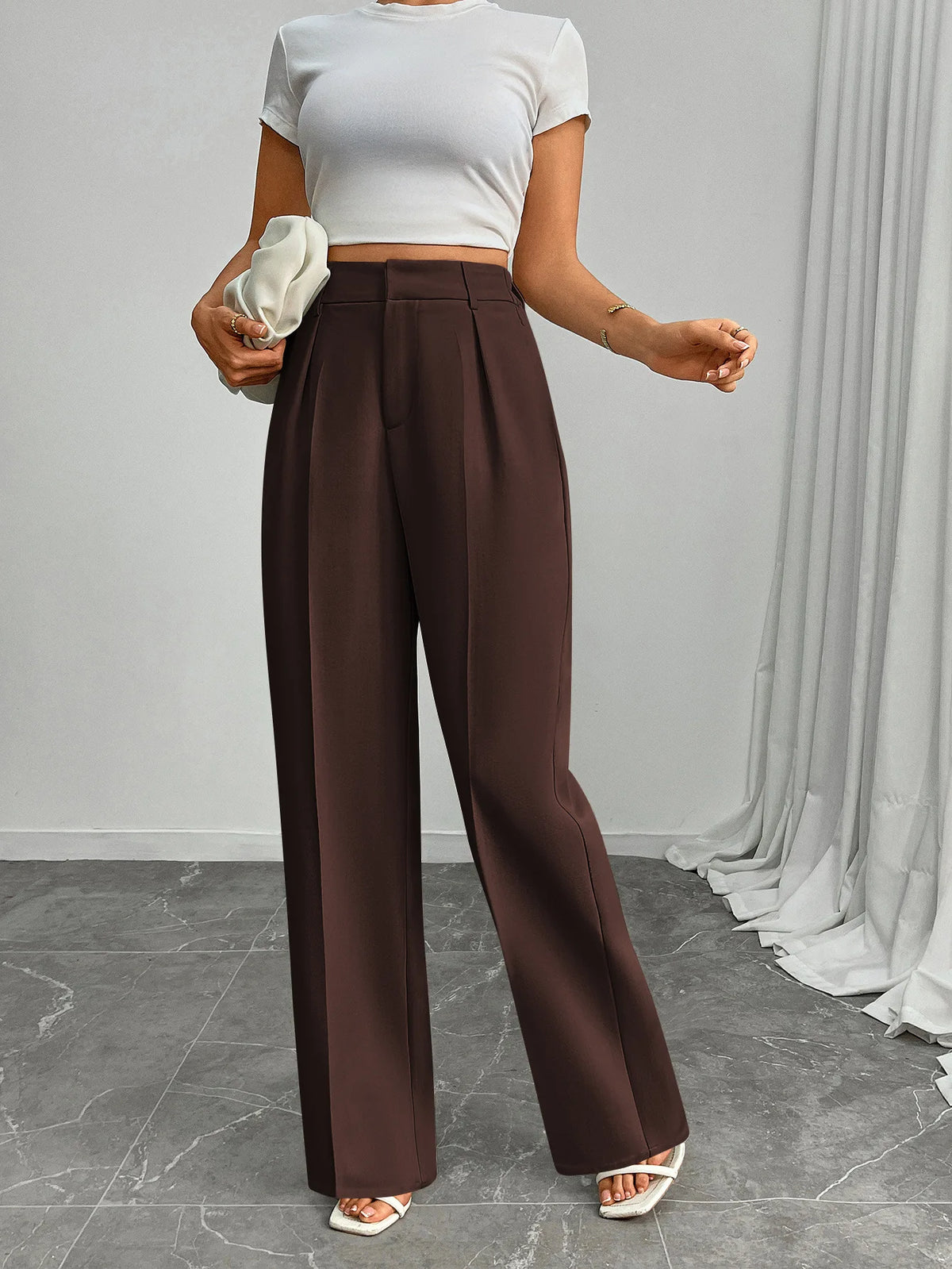 Pleat-Front Palazzo Trousers in Chocolate – view 6
