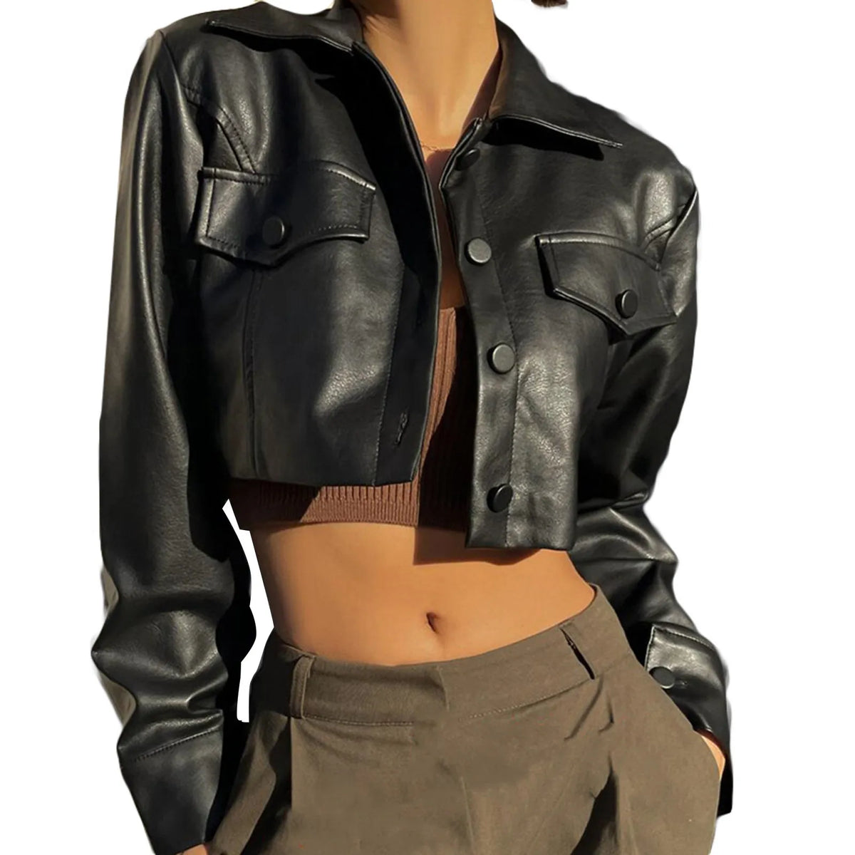 Essential Cropped Faux Leather Button-Up Jacket – front view