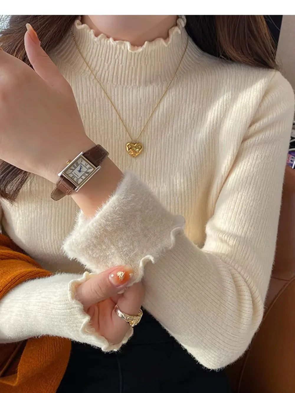 Essential Ruffle Mock Neck Fleece-Lined Sweater – view 5
