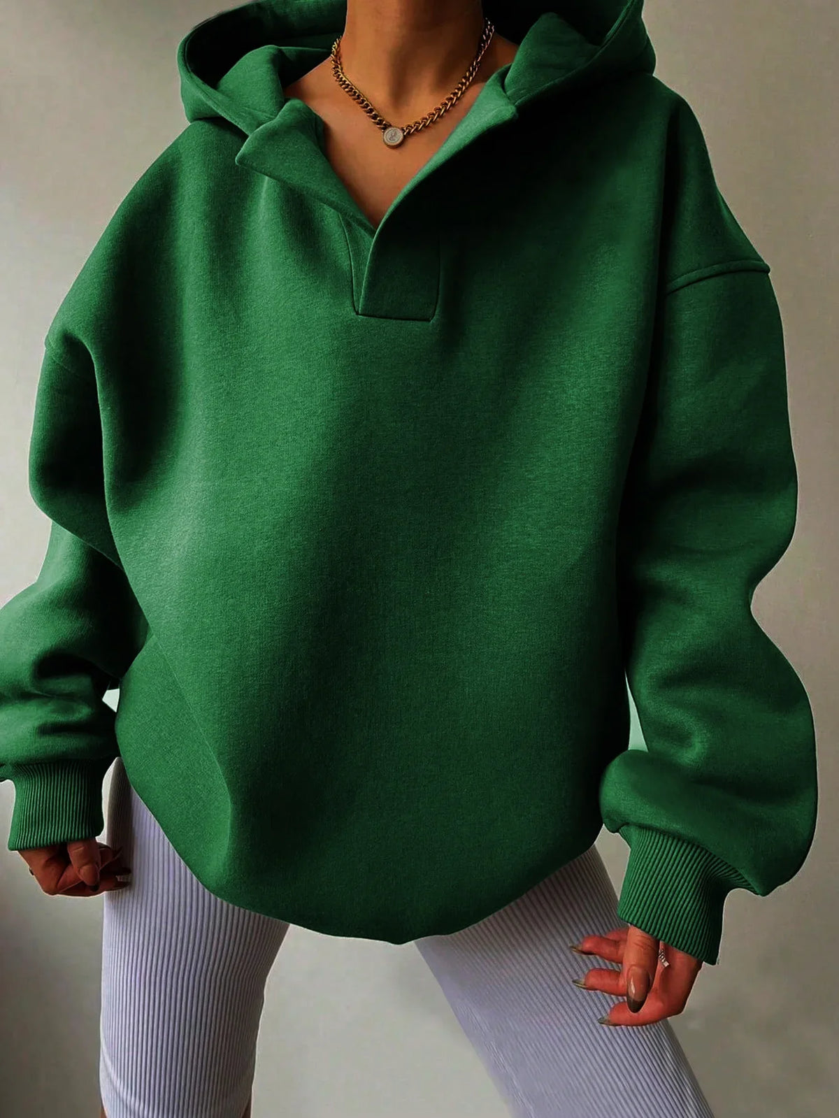 Signature Oversized Notch Neck Fleece Hoodie in Green – view 2
