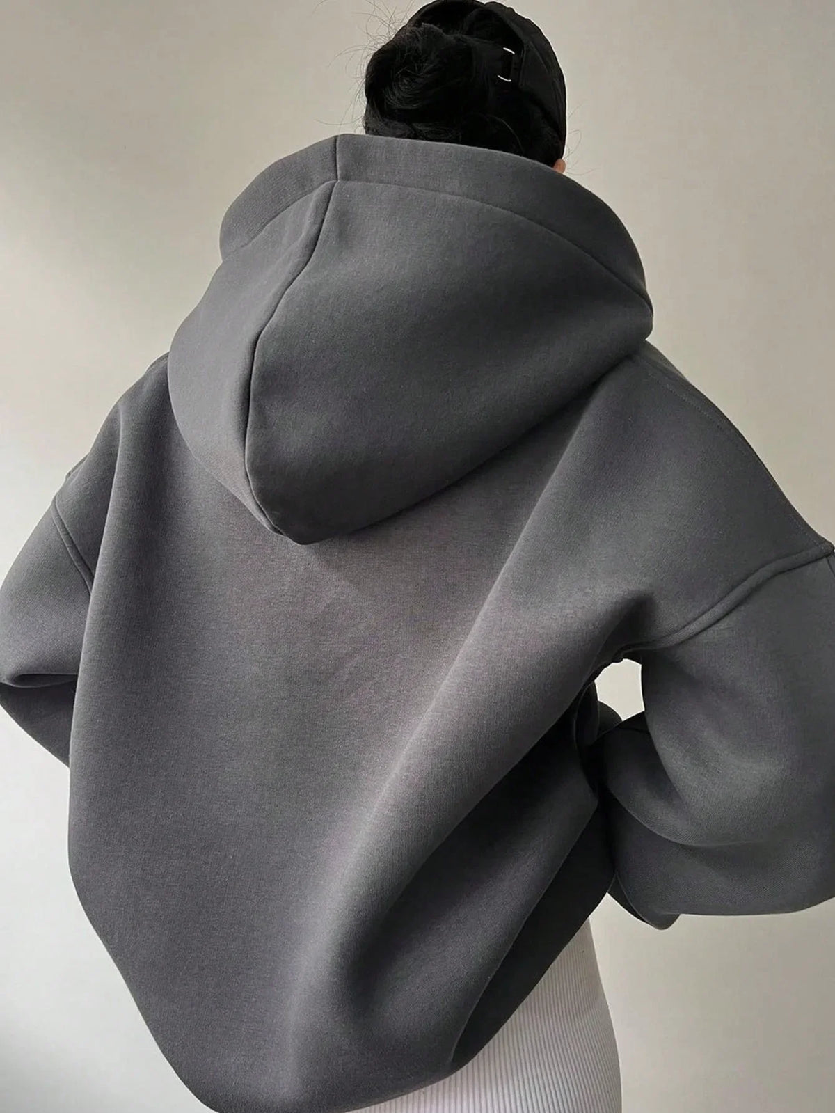 Signature Oversized Notch Neck Fleece Hoodie in Charcoal – view 3