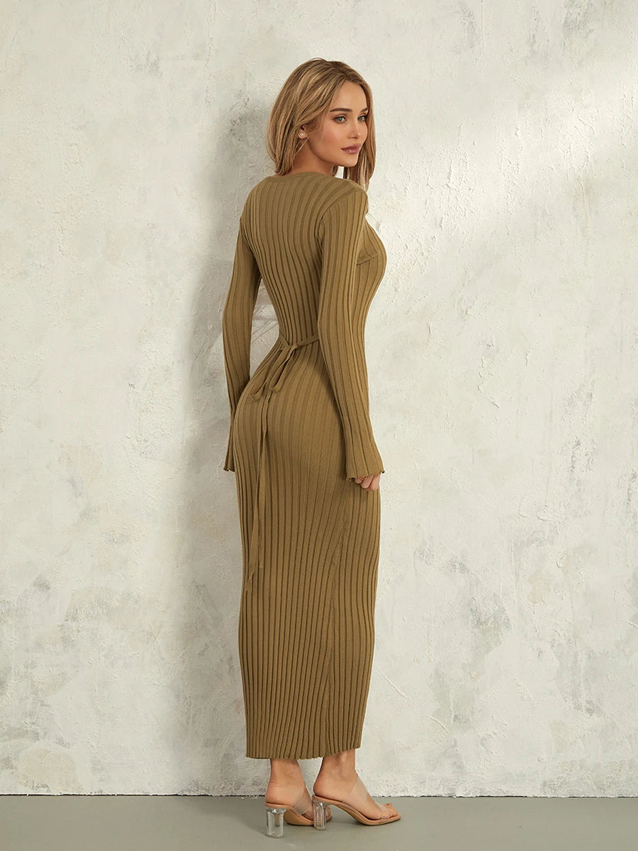 Classic Ribbed Knit Lace-Up Back Maxi Dress – view 25