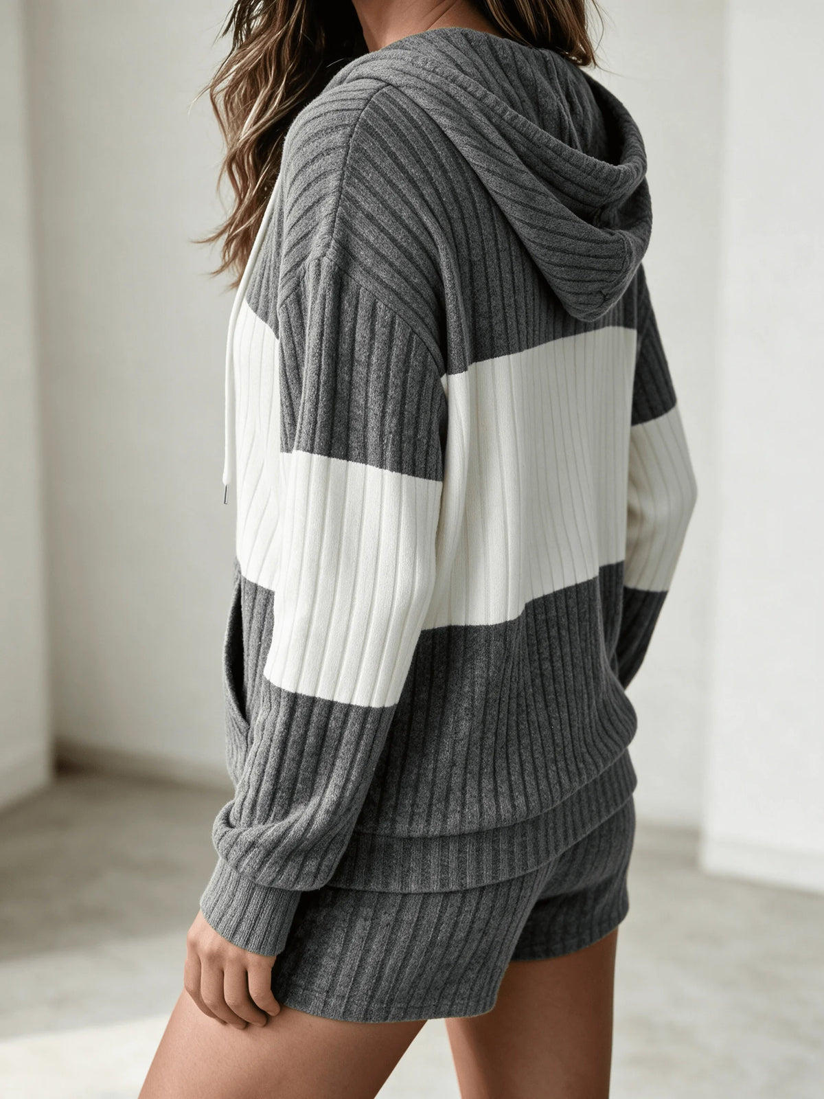 Essential Color-Block Zip-Up Knit Hoodie Cardigan in Grey – back view