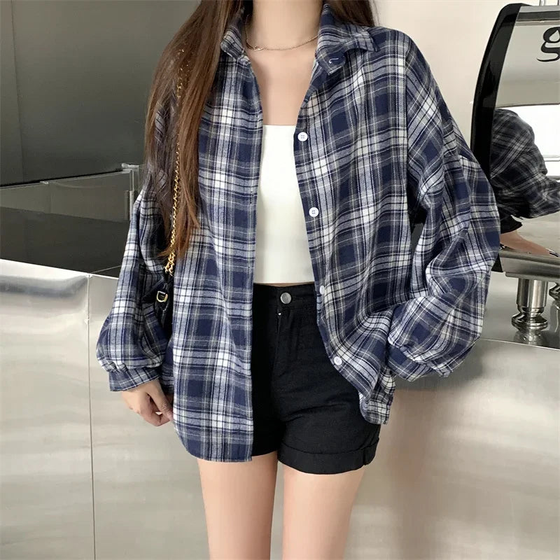 Essential Oversized Plaid Flannel Shirt in Navy Plaid