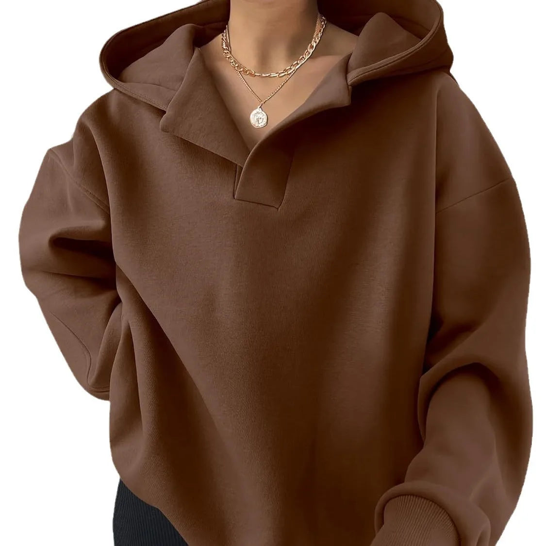 Signature Oversized Notch Neck Fleece Hoodie in Brown – view 2