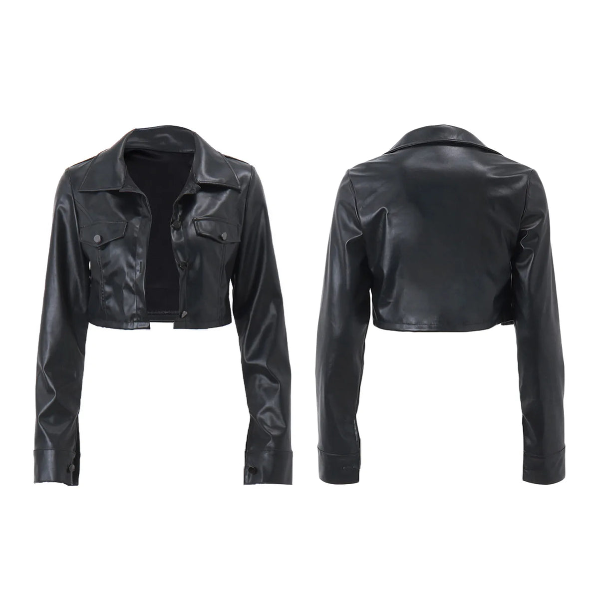 Essential Cropped Faux Leather Button-Up Jacket – view 11