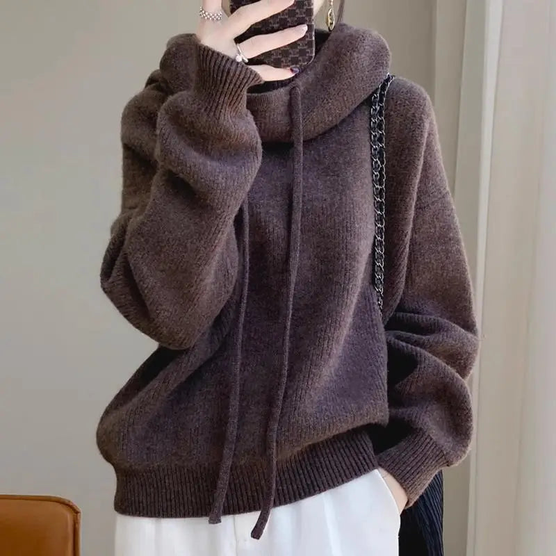 Signature Chunky Knit Drawstring Hoodie in Brown – view 2