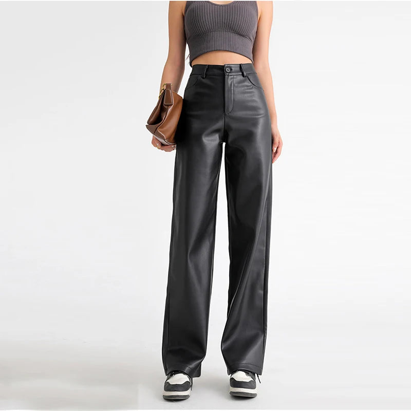 Fleece-Lined Faux Leather Straight Leg Trousers in Black