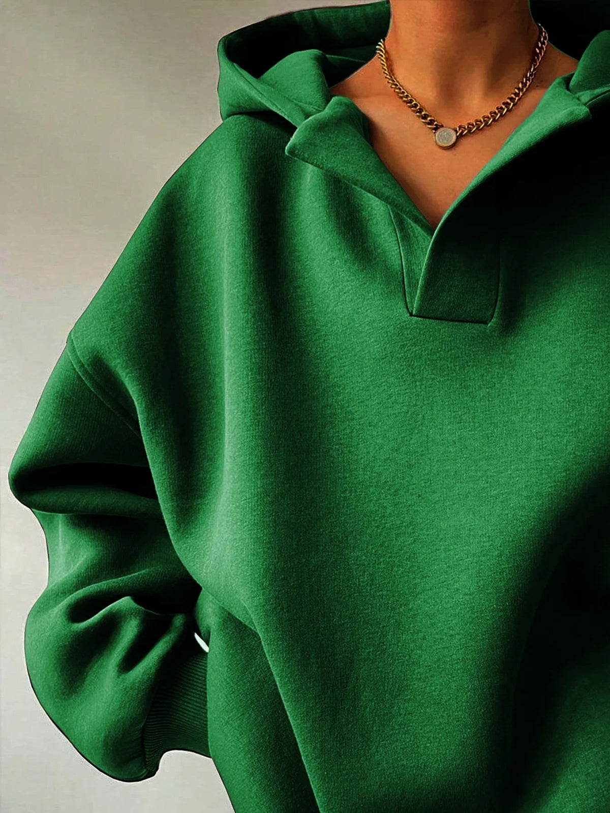 Signature Oversized Notch Neck Fleece Hoodie in Green – view 4