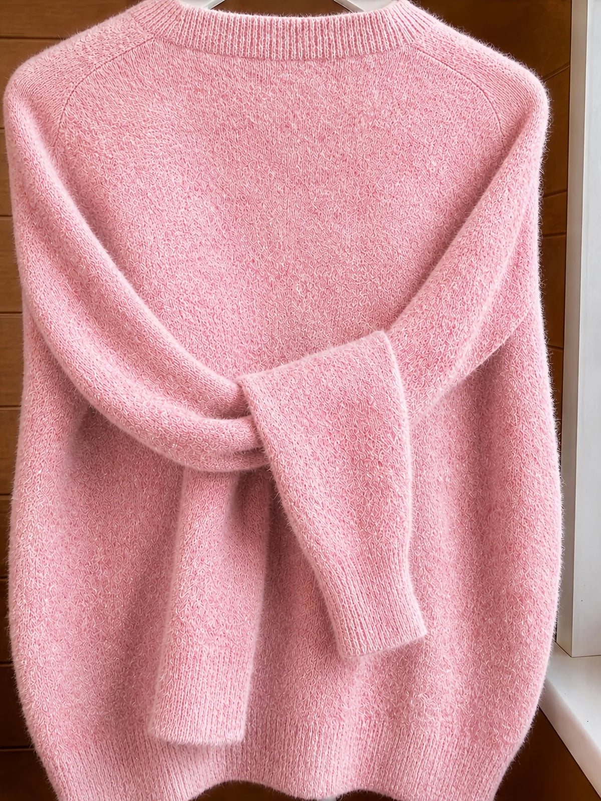 Classic Soft Knit Crew Neck Button Cardigan in Pink – view 3