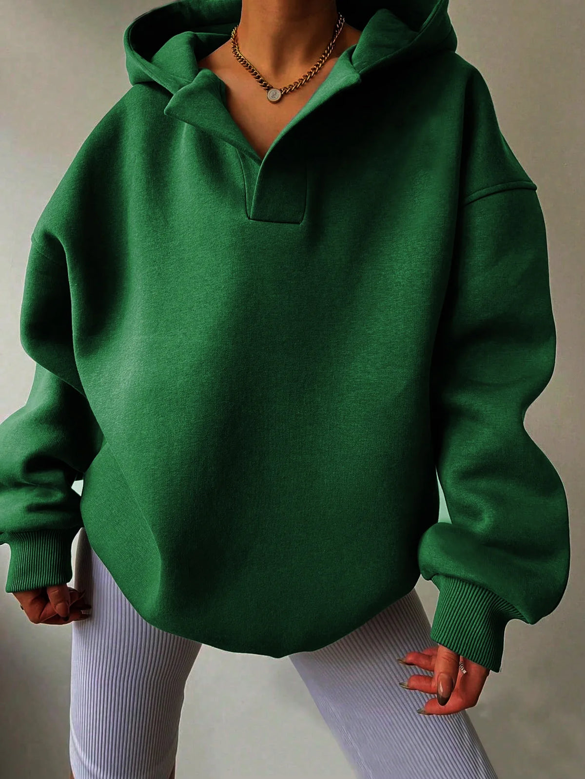 Signature Oversized Notch Neck Fleece Hoodie in Green