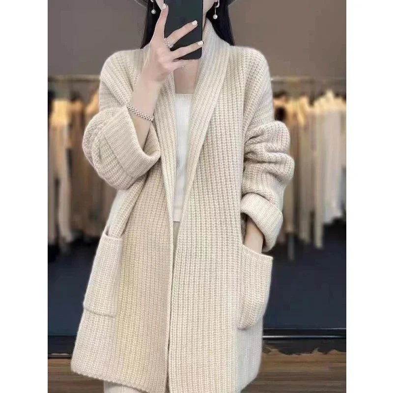 Classic Oversized Ribbed Knit Long Cardigan in Beige