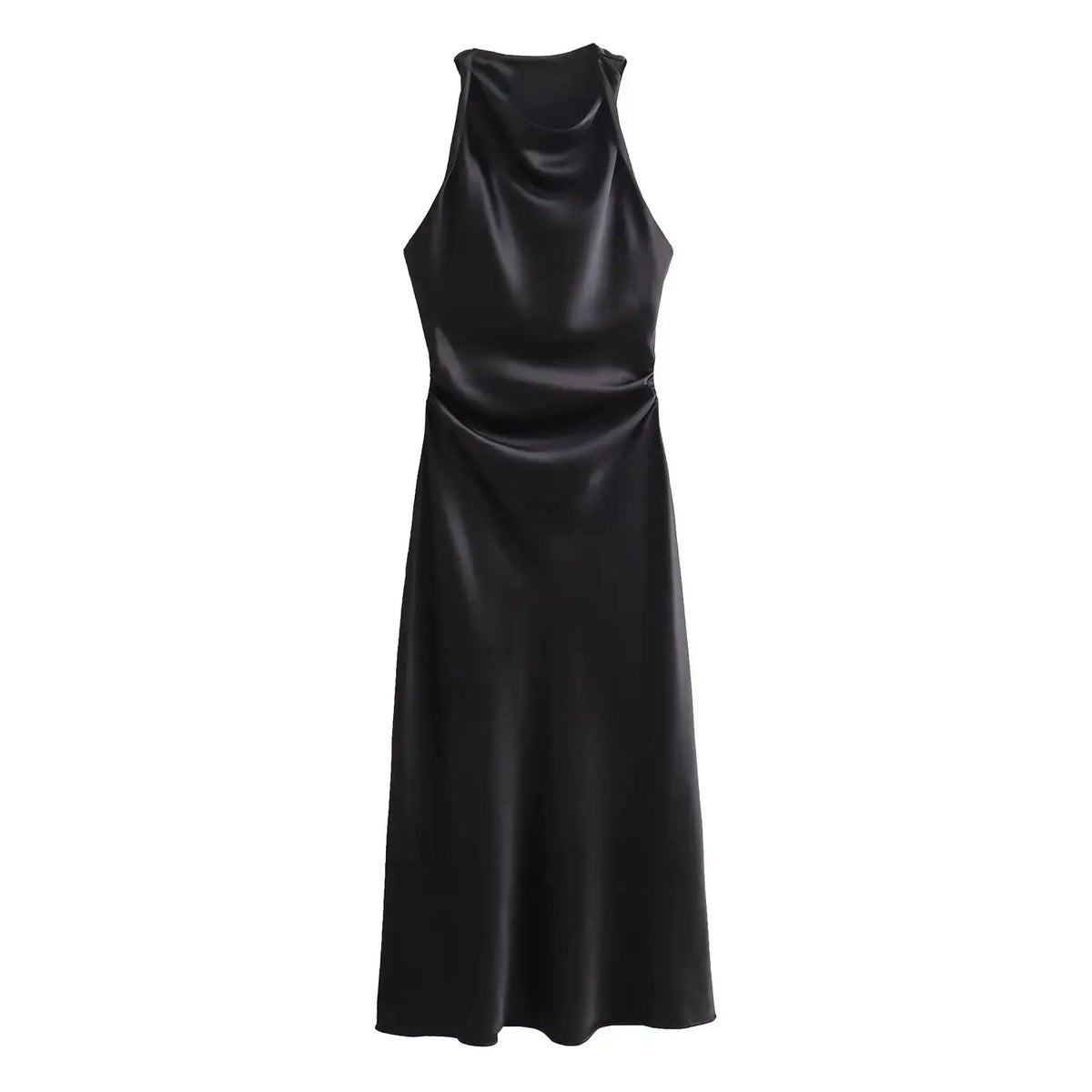 Signature Satin Cowl Neck Ruched Maxi Dress in Black – view 3