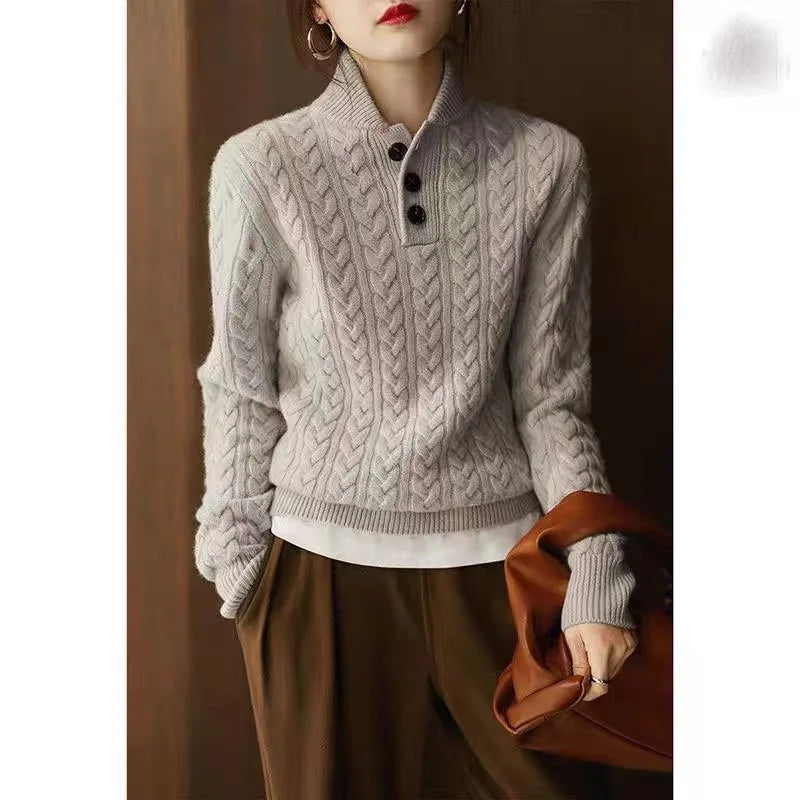 Signature Cable Knit Button Collar Sweater in Light Grey