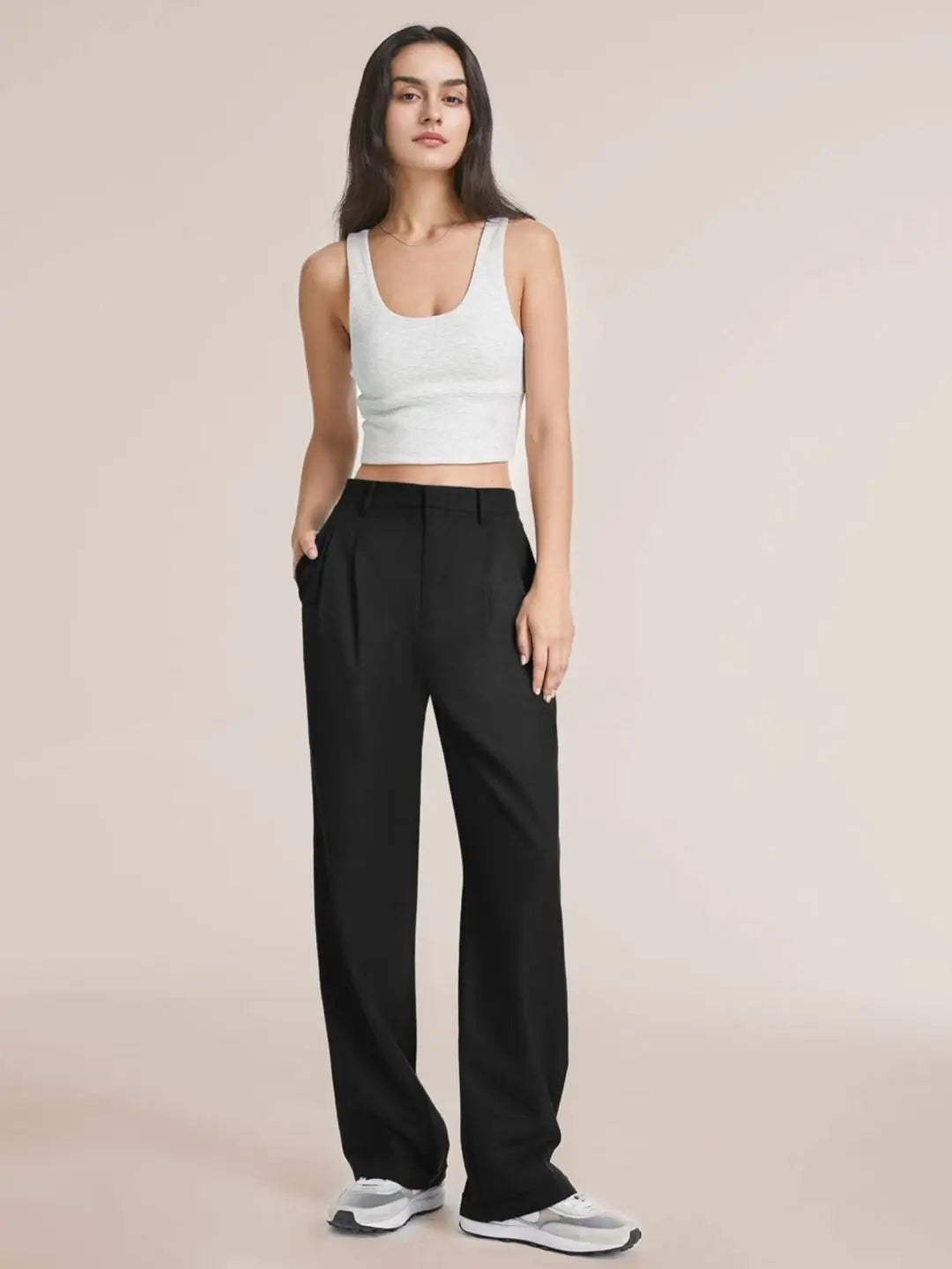 Classic Pleated High Waist Wide Leg Trousers in Black
