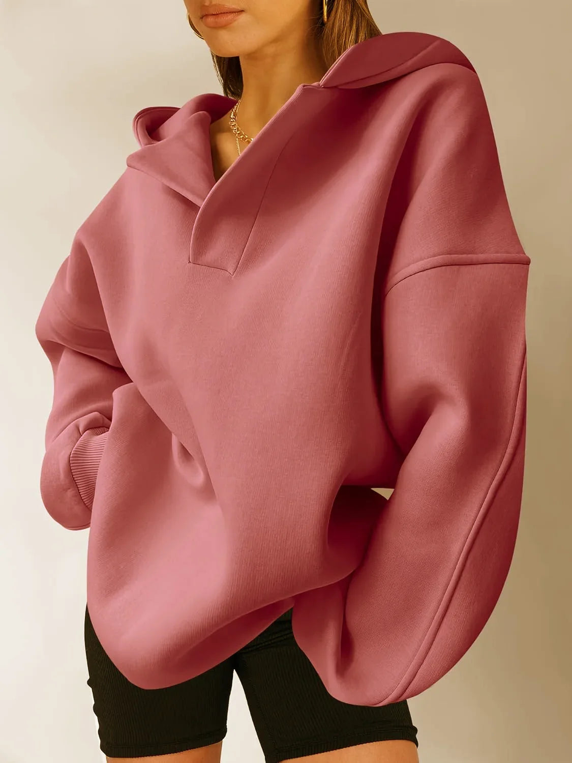 Signature Oversized Notch Neck Fleece Hoodie in Dusty Rose – view 2