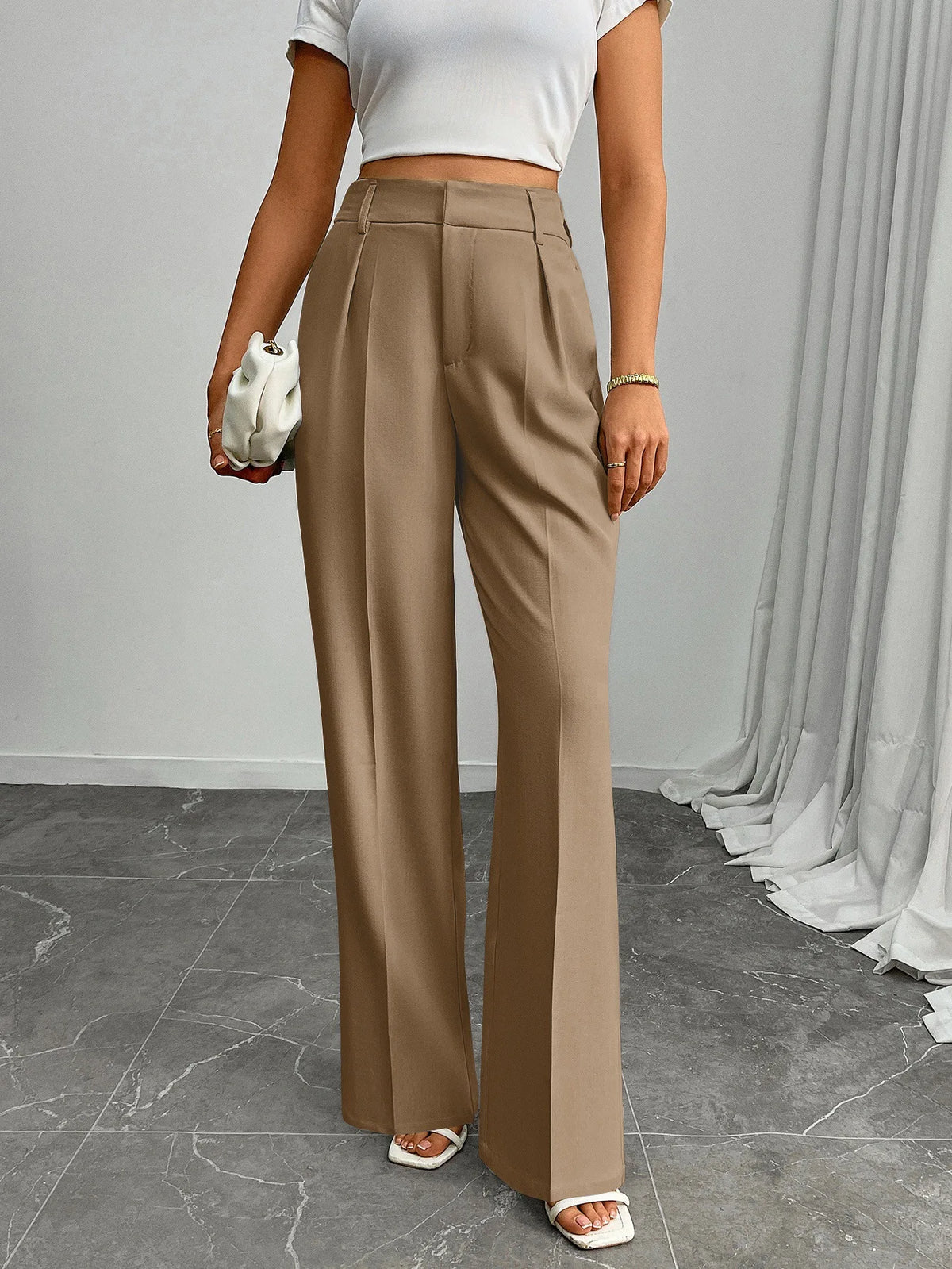 Pleat-Front Palazzo Trousers in Taupe – view 3