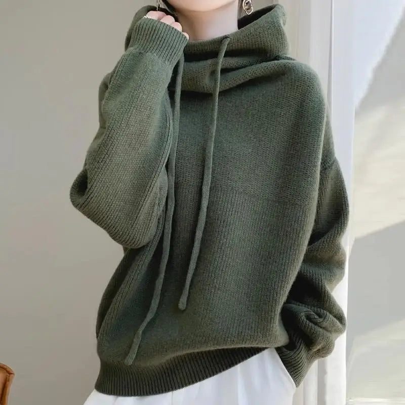 Signature Chunky Knit Drawstring Hoodie in Olive – view 2